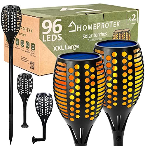 HOMEPROTEK 2 Pezzi 96 LED Luci Solari da Giardino Esterno - Impermeabili IP65 Lampade Solari da Giardino Potenti - Lampada Esterno Solare con Effetto Fiamma e Auto On/Off Sensore Giorno/Notte