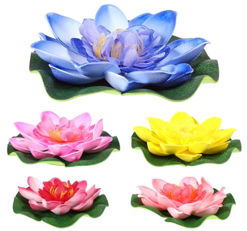 Healifty Artificial Floating Water Lily Lotus Flower 3.93 Inch Plastic Pond Plant Set of 5 for Aquarium Garden Patio Decoration