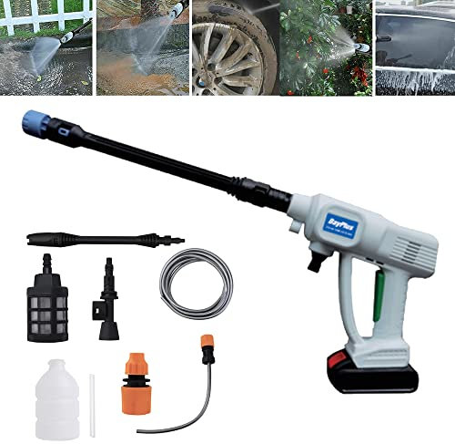 21V Hochdruckreiniger Auto mit 2 x 1.3Ah Akku, Tragbarer Elektro Hochdruckreiniger Druck 25 Bar, inkl. 5m Schlauch für die Reinigung von Terrasse, Auto, Garten, Bewässerung