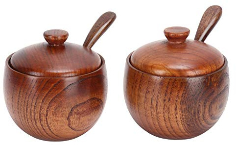 BestAlice 2st Träsaltkällare med Lock och Sked, Träsaltlåda Kryddburk, Japansk Kryddburk Retro Träkryddbehållare för Saltpeppar Kryddor Kryddor Köksservering