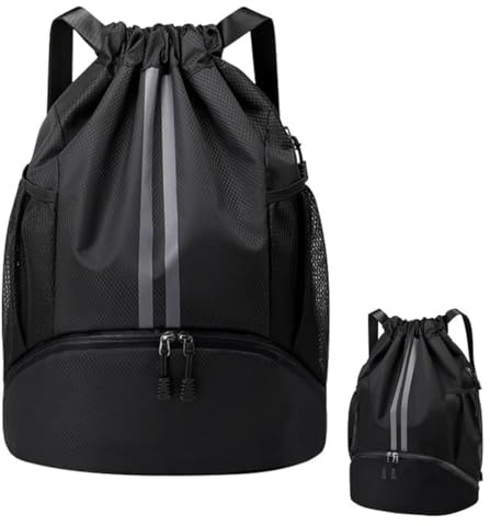 Borsa con Coulisse Sacca Impermeabile, Zaino Palestra Uomo con Scomparto Scarpe, Sacchetta Sportiva Grande Capacità, Sacca Zaino Calcio Oxford per Palestra, Scuola, Nuoto, Yoga, 47x15x32cm (Nero)