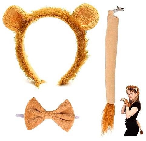 GWAWG Löwenkostüm Stirnband Tierohren Krawatte Schwanz Set für Kinder Erwachsene Verwendung in Fasching Party