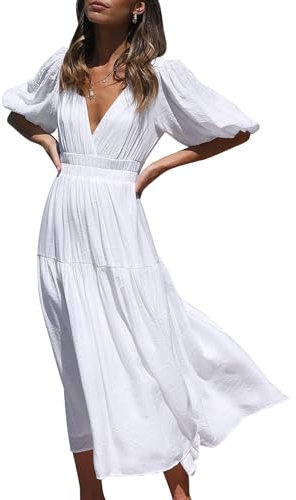 MessBebe Women's Summer Maxi Dress Puffy Sleeve V Neck Boho Party Beach Tiered Ruffle Flowy Long Smocked Dresses White