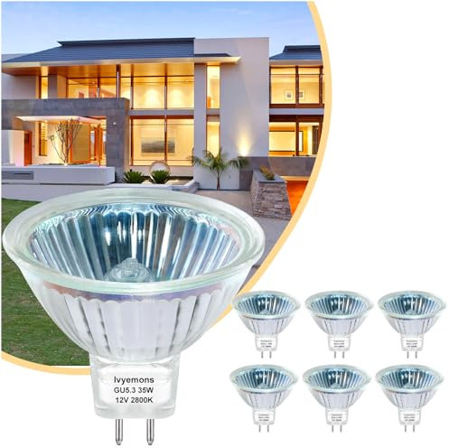 Ivyemons GU5.3 Halogen 12V Dimmable, 6 Pack Halogen 12v 35W GU 5.3 High Output CRI100, 480LM Leuchtmittel MR16 Warmweiß 2800K with GU5.3 Base, MR16 12V 35w for Landscape Light, Recessed Light