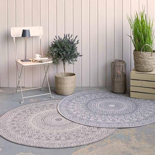 Knutzen Wohnen Palma In- & Outdoor Teppich Rund wetterfest Ø 160 cm Creme - Boho Teppich - Mandala Teppich - dekoratives Element für den Innen- oder Außenbereich