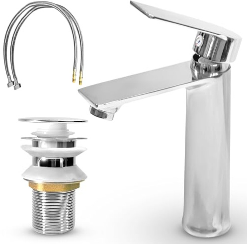 Rubinetti per lavabo da bagno con design a leva singola, rubinetto per lavabo in argento di alta qualità, foro singolo con miscelatori rotondi a cascata, ottone per guardaroba e tubo di alimentazione,