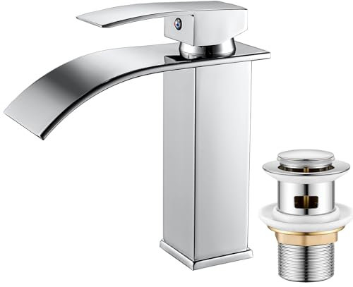 Basin Taps Mixer Waterfall Bathroom Sink Tap Chrome, Mono Basin Mixer Faucet with Pop up Waste, Modern Single Lever Cloakroom Faucet with G1/2 Hoses, Brass