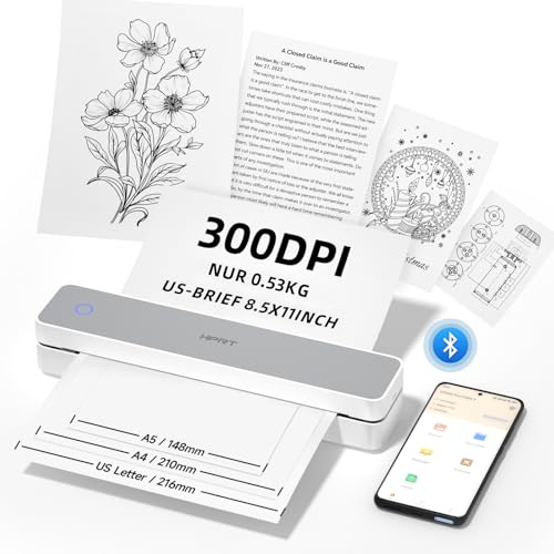 HPRT Portable Printer Wireless for Travel, Supports 8.5 x 11 Inch US Letter, Bluetooth Thermal Printer Compatible with iOS, Android & Laptop, Inkless Mobile Printer for Office, School, White/Grey