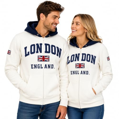 GWCC Unisex London England Zip Hoodie with Embroidered Logo & Union Jack Metal Pin Badge – 4 Colours Desert Storm, Ash Grey, Grey Pink, Sizes XS–4XL