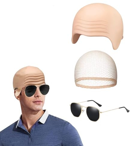 Latexskalhatt, 1 rynkhuvudskydd och 1 x nätperuk, kepsar, 1 solglasögon – cosplay-hatt, kostymtillbehör, skallig hud, berömd rappare, halloween
