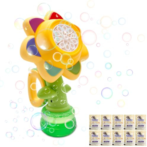 Maquina Burbujas, Máquina Burbujas con Forma de Flor - Contiene 120 ml de Líquido para Hacer Pompas de Jabón, Tres Niveles Ajustables, un Juguete de Verano Adecuado para Actividades al Aire Libre