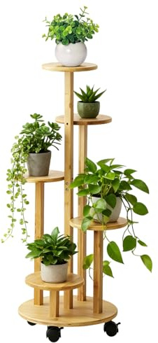 THCTYRP Soporte de flores de bambú alto y bajo, soporte para flores de disco, soporte para macetas de pothos con ruedas para balcón de sala de estar, soporte de flores de interior