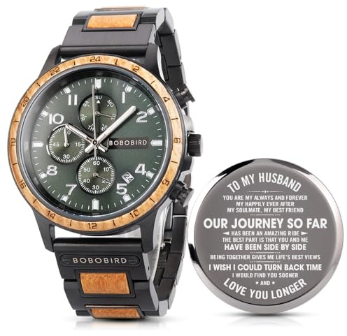 2win Engraved Wooden Watch for Husband with Green Dial Multifunctional Chronograph Date Display Anniversary Watch with Gift Box (A-to My Husband)