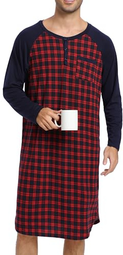 Enjoyoself Camisón Hombre Algodón Camisetas de Pijama Larga Dormir Suave Transpirable Camisa de Noche de Mangas Largas Camison Hospital Ropa de Dormir para Descansar Cuadros+Rojo Azul Marino XL