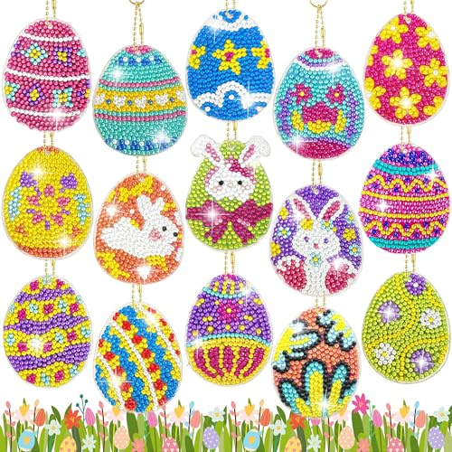 15 pezzi Diamond Painting Pasqua Set uovo di Pasqua 5D Diamond Painting Ciondolo Portachiavi Piccolo Diamante Immagini per bambini, set fai da te Pasqua per bambini, decorazione pasquale, fai da te