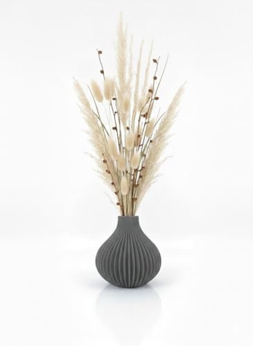 Vaso Decorativo Stampato in 3D, Design Scanalato Moderno, PLA Grigio Opaco, Forma a Bulbo per Fiori Secchi e Pampas (grigio)