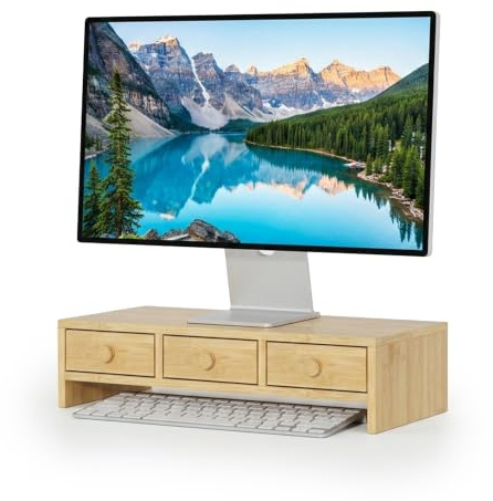 Relaxdays monitorställ, 3 lådor, HxBxD: 12,5 x 51 x 24 cm, MDF, skärmhöjare, naturfärgat