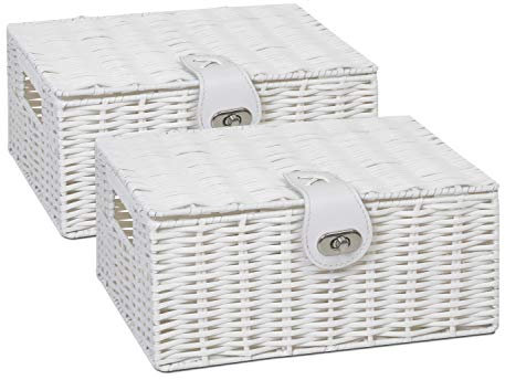 2 x Arpan Resin Woven Storage Hamper Basket Box With Lid & Lock (White - Small)
