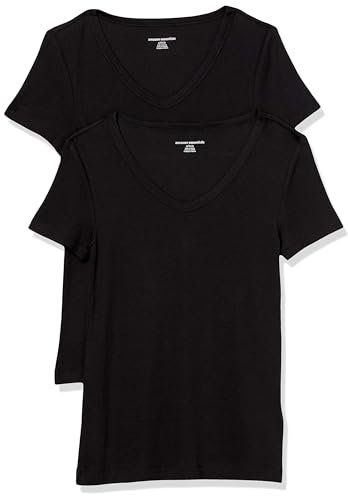 Amazon Essentials Damen Kurzärmeliges T-Shirt mit V-Ausschnitt, Schmale Passform, 2er-Pack, Schwarz, L