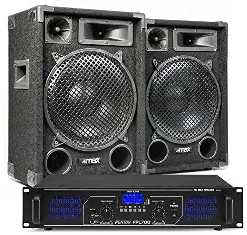 MAX12 - DJ Starter Kit - DJ Boxen Set 1400 Watt inklusive Verstärker mit Bluetooth, MP3, USB, MAX12 Bundle 2 Lautsprecher mit Verstärker, PA-Anlage Komplett Set
