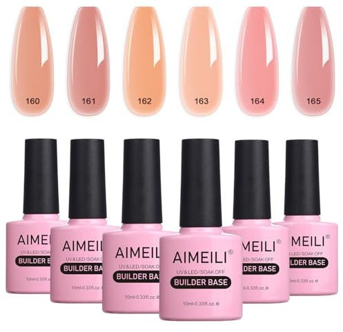 AIMEILI 8 in 1 Builder Base Sheer Color Gel Set, No Need Slip Solution Builder Extension, Soak Off UV LED Nude Gel Polish Multicolour Of 6pcs X 10ml - Gift Kit 38