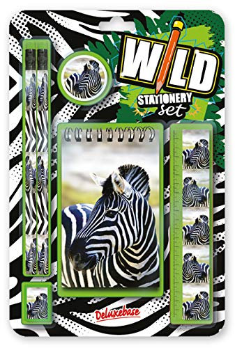 Wild Stationery Set - von Deluxebase. Diese niedlichen Stationären Schulsets für Mädchen und Jungen enthalten 2 Bleistifte, Radiergummi, Spitzer, Lineal und Notizbuch (Zebra)