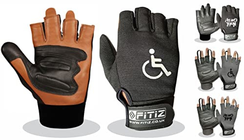 Guantes para silla de ruedas FITIZ Guantes de palma de cuero genuino Guantes acolchados para movilidad Guantes transpirables sin dedos Guantes de bicicleta con agarre antideslizante Guantes de