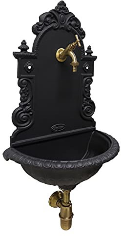 FONDERIA BONGIOVANNI Wandbrunnen Modell Pamplona für Haus und Garten mit Wasserhahn und Siphon aus Messing, Finish wählbar (brüniert)