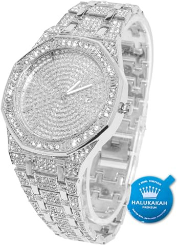 HALUKAKAH Diamante Reloj Oro, Hombres Chapado Oro Blanco Platino 40MM Ancho Octogonal Ronda Esfera Cuarzo Pulsera 22cm, con Caja de Regalo