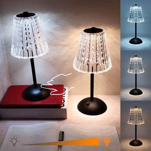 Amingulry Cordless Rechargeable Metal Table Lamp, Crystal, Black 2-Pack