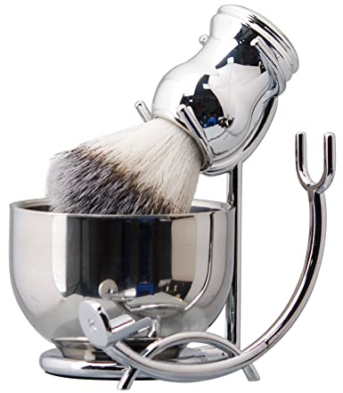 Grandslam Deluxe Shaving Kit for Men, 3 in 1 Shaving Set Includes Shaving Brush, Stainless Steel Shaving Bowl and Razor & Brush Holder, Silver Set