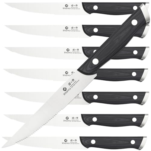 imarku Steak Knives, Steak Knives Set of 8, Serrated Steak Knife Set with Pakkawood Ergonomic Handle, Japanese HC Steel Steak Knife and Gift Box, Birthday Gift for Men and Women