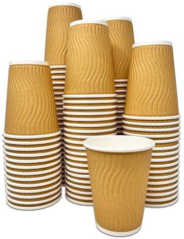 DHANZIPAK 100 x Premium Kraft 12 Ounce (12oz) Ripple 3 Ply Disposable Leakproof Insulated Paper Cups for Tea, Coffee, Cappuccino & Other Hot Drinks