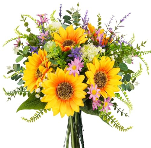 HUAESIN Sunflowers Artificial Flowers Bouquets Spring Flowers Artificia Fake Wildflowers Silk Cemetery Flowers Arrangements for Home Kitchen Office Table Centerpieces Wedding Party Grave Decor