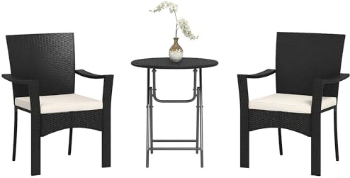 Outsunny 3 Pieces Wicker Outdoor Bistro Set, Rattan Patio Furniture Set with Folding Coffee Table, Porch Chairs with Cushions for Backyard, Balcony, Garden, White