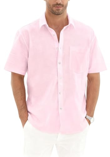 VDDTAGAM Chemise Homme Manches Courtes en Lin - Blanche, Rose, Chemisette Grande Taille (Pink,3XL)