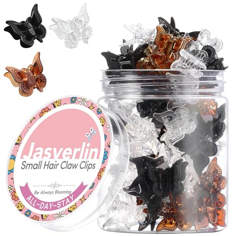 JASVERLIN Lot de 50 mini pinces à cheveux en forme de papillon noir marron transparent pour femmes et filles, petits papillons ou cheveux courts fins en vrac (classique)