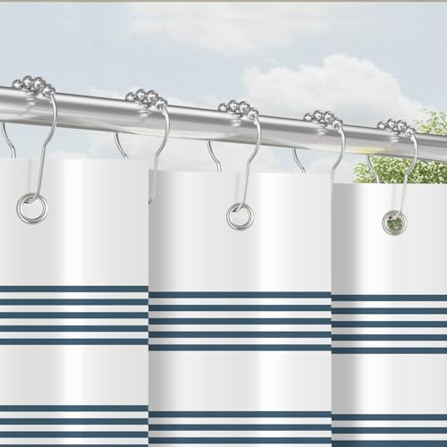 Duschvorhang mit Metall Duschvorhangringe 180x200 cm Blau Streifendesign, Beschwerter Saum Antischimmel Textil, Wasserabweisend, Waschbar Polyester Badevorhänge Set mit Ösen für Badezimmer, Badewanne