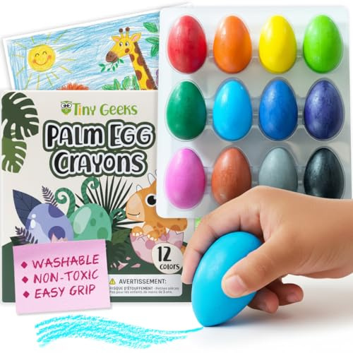 TinyGeeks 12 Color Egg Crayons - Palm Grasp Non-Toxic and Washable for Toddlers (3-6) & Kids (4-8) - Easy-to-Hold, Perfect for Travel, Art, and Early Childhood Activities