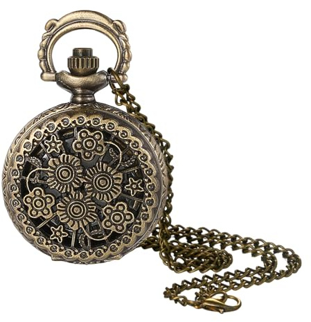 JewelryWe Women's Vintage Pocket Watch - Skeleton Hollow Flower Pendant Necklace Quartz Analog Fob Watches with 30.7 Chain for Christmas