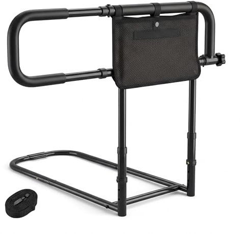 COSTWAY Bed Rails for Elderly Adults, Foldable Safety Bed Assist Rail Bedside Handrail Bar Fall Prevention with Adjustable Width & Height, Storage Pocket and Fixing Strap, Load 136KG (Black)
