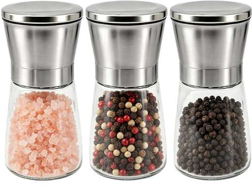Set di 3 macine per sale e pepe, 180 ml, macinaspezie manuali, con meccanismo regolabile, con testa in acciaio inox e corpo in vetro, per spezie, sale e pepe