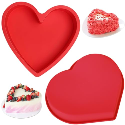 YXHZVON 2 Piezas Moldes Corazón Silicona, 10 Pulgada Moldes De Corazon De Silicona, Antiadherente Molde para Pastel con Forma de Corazón Molde para Creaciones Impresionantes, Pudín (Rojo)