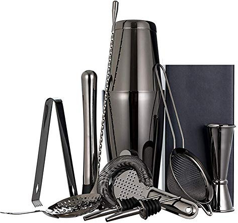11 Pz Set Cocktail Professionale Cocktail Shaker Set Acciaio Inox Boston Style Kit per Fare Cocktail Kit da Barman Kit Attrezzatura Bar (Black)
