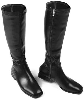 GENSHUO Knee High Boots for Women Comfy Flat Heel Vintage Square Toe Fall Winter Solid Side Zipper Costume Knight Booties Matte Black Size 8
