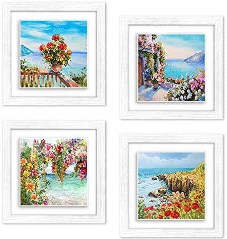 Lupia - Set 4 Quadri moderni stampa su CERAMICA cornice Shabby MODERN White TROMPE Panorami floreale 29x29 cm