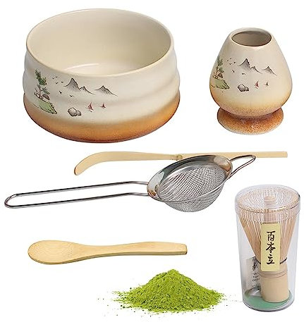 Ulable Traditionelles Japanisches Matcha-Zubehör-Set (6-teilig) – Inkl. Chasen, Teeschale, Sieb & Halterung für Authentische Teezeremonie – Keramik-Set Cremeweiß mit Tuschberg-Muster