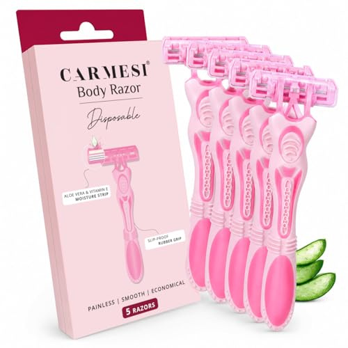 Carmesi Maquinillas de afeitar desechables para mujer, paquete de 5, tira de humedad de aloe vera y vitamina E para una depilación suave e indolora, agarre de goma antideslizante, seguro, higiénico y