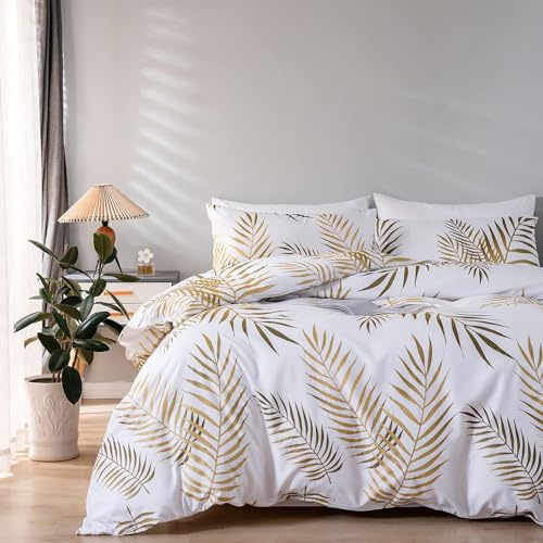 MUUWUU Set Housse de Couette 220x240 cm Motif Feuilles Tropicales Dorées Botanique 2 Personnes et 2 x Taies d'oreiller 50x75 cm 100% Microfibre Parure de Linge de Lit avec Fermeture Éclair