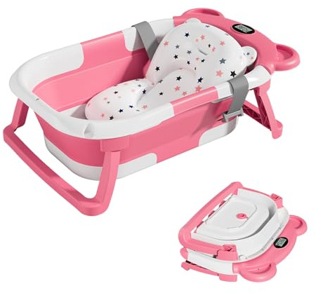 Itslife Vasca da Bagno per Bambini, Vasca da Bagno da Viaggio Portatile, Vasca Bagnetto Neonato Pieghevole con Cuscino di Supporto, Adatta per Neonati da 0 a 36 Mesi Rosa